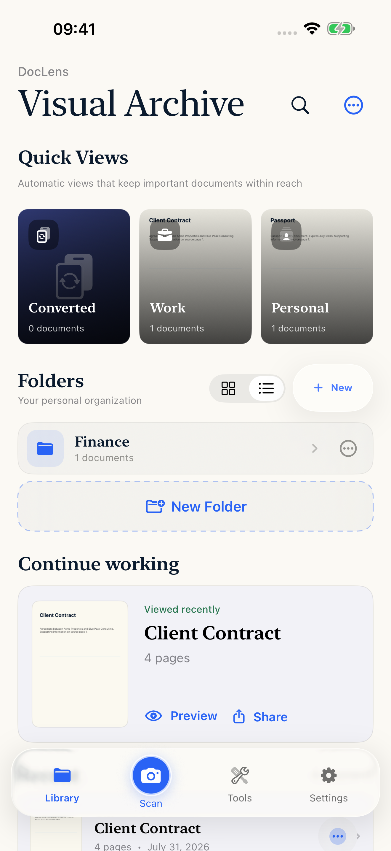 DocLens Pro folders and quick views on iPhone