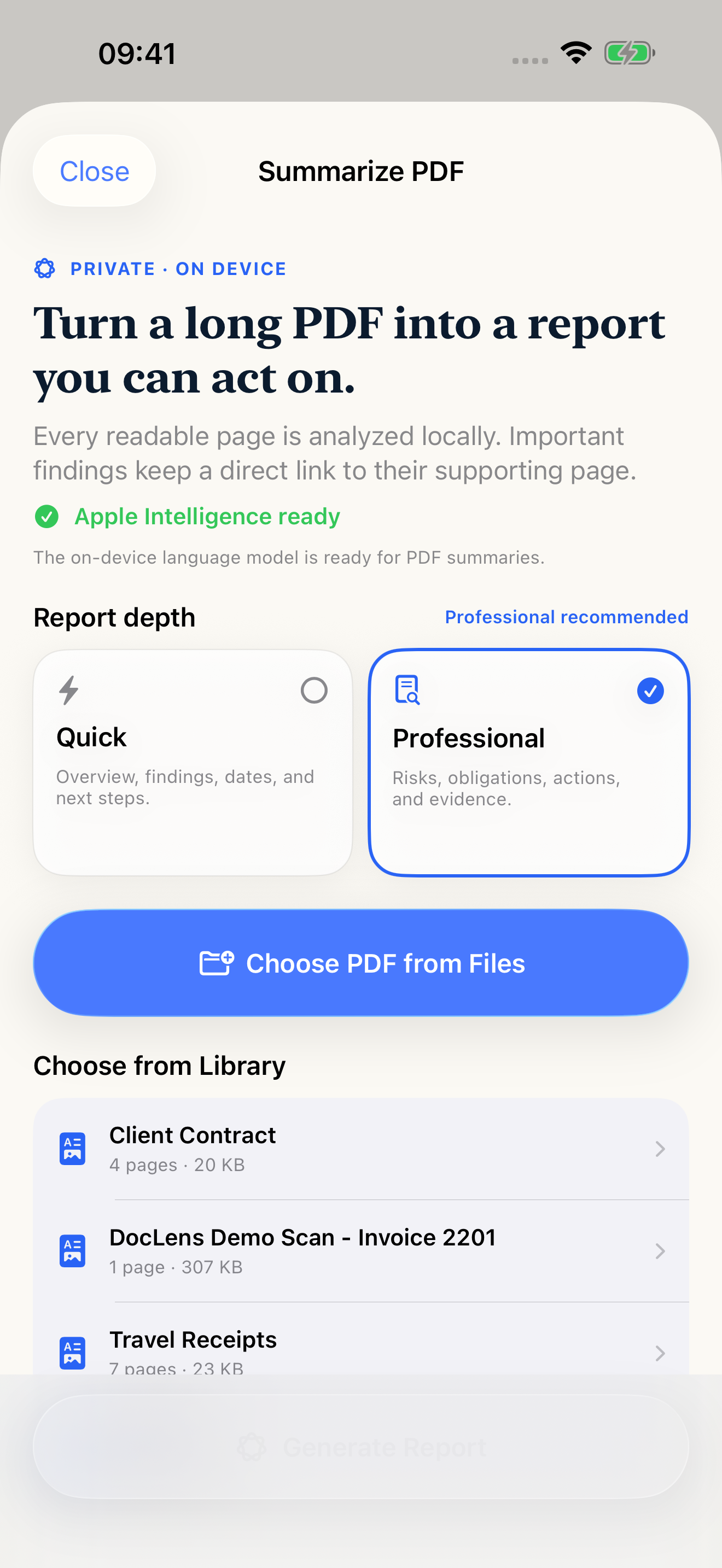 DocLens Pro Apple Intelligence summary on iPhone