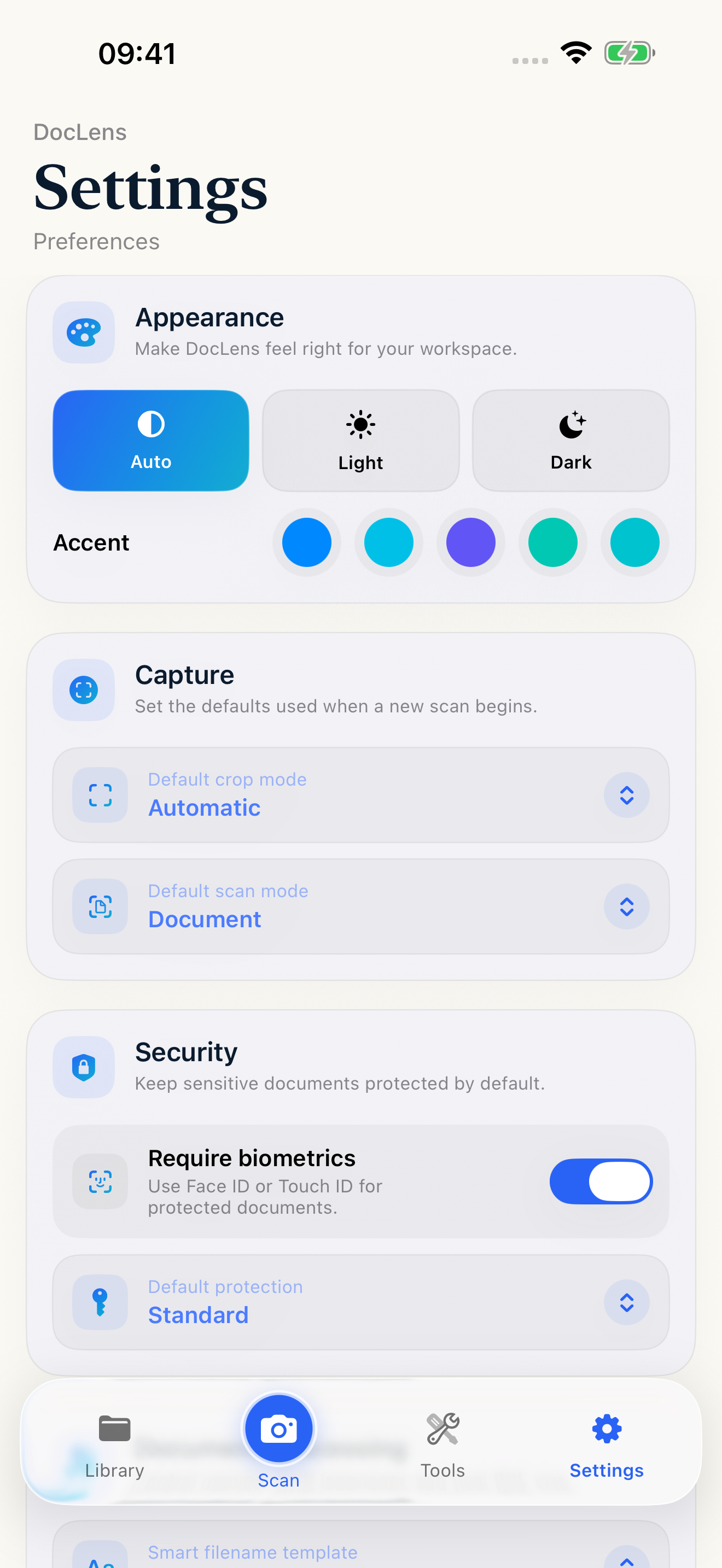 DocLens Pro privacy controls on iPhone
