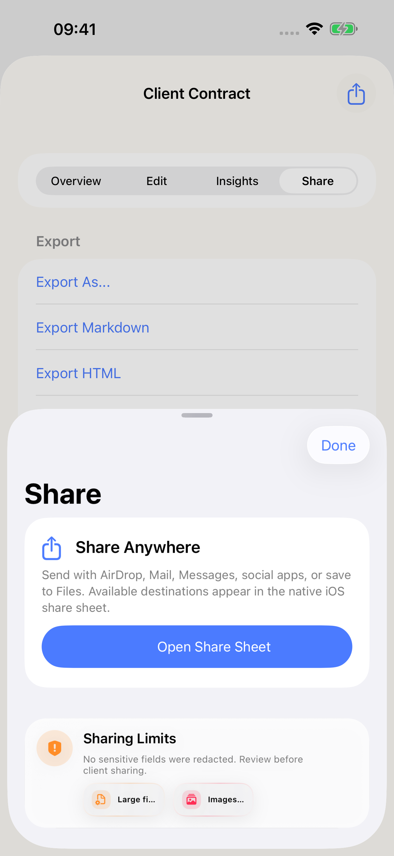 DocLens Pro sharing tools on iPhone