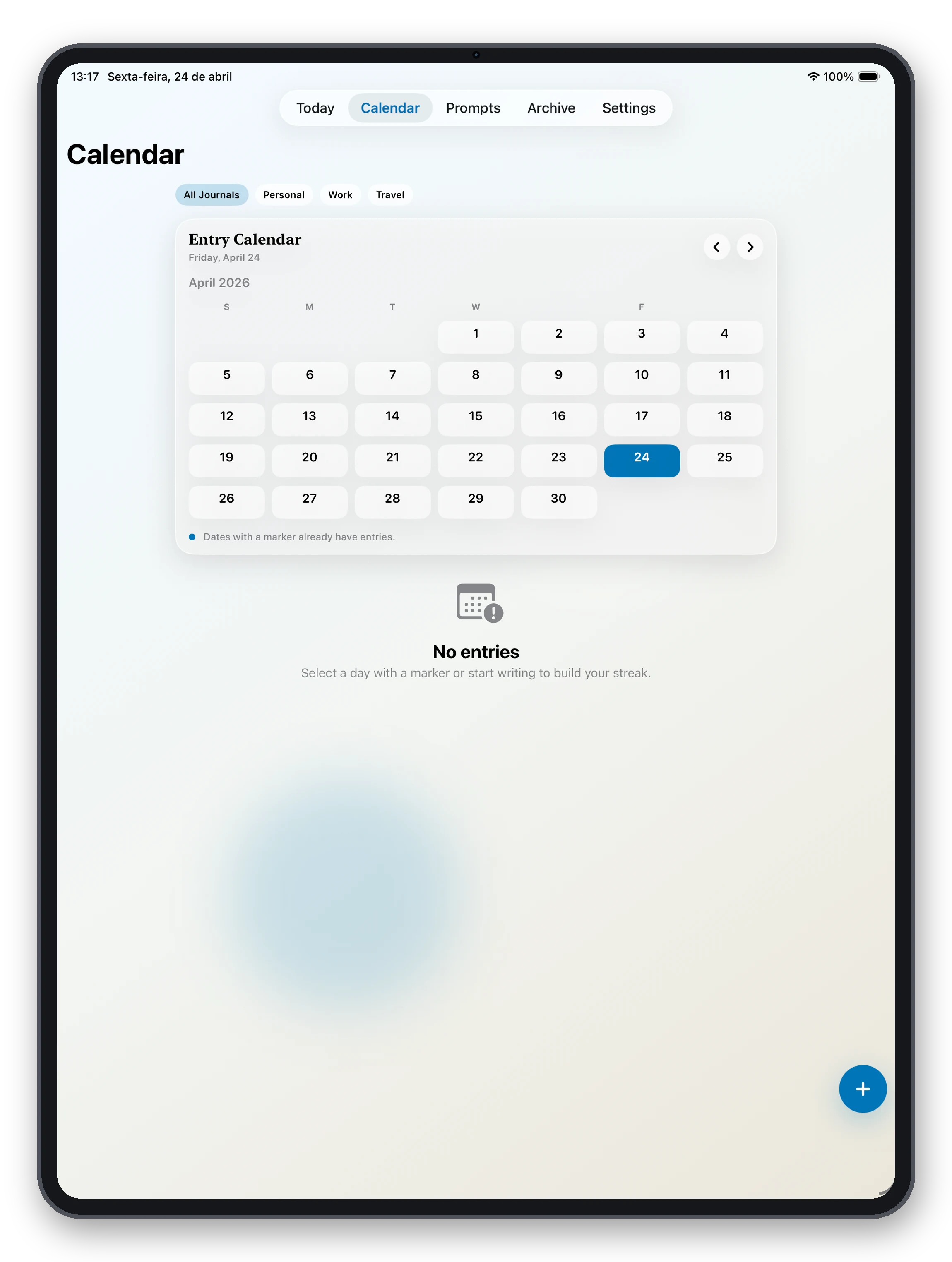 JournalNow calendar on iPad
