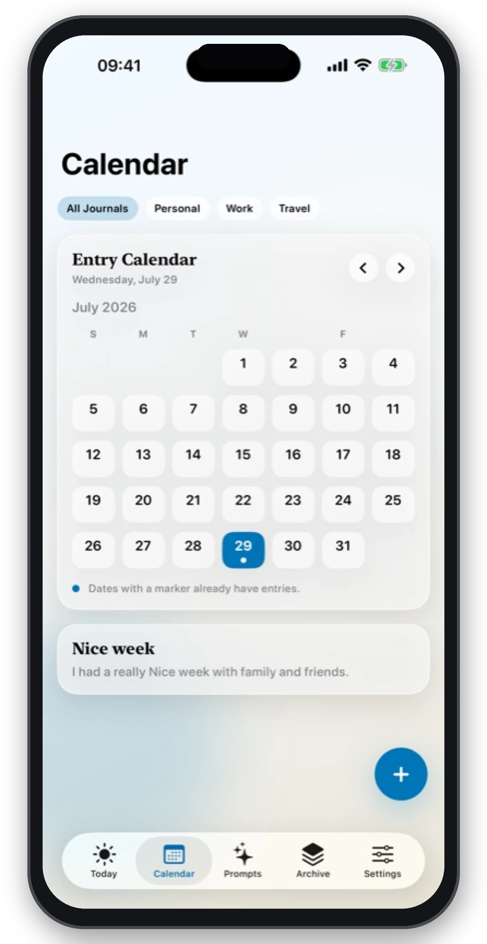 JournalNow calendar on iPhone
