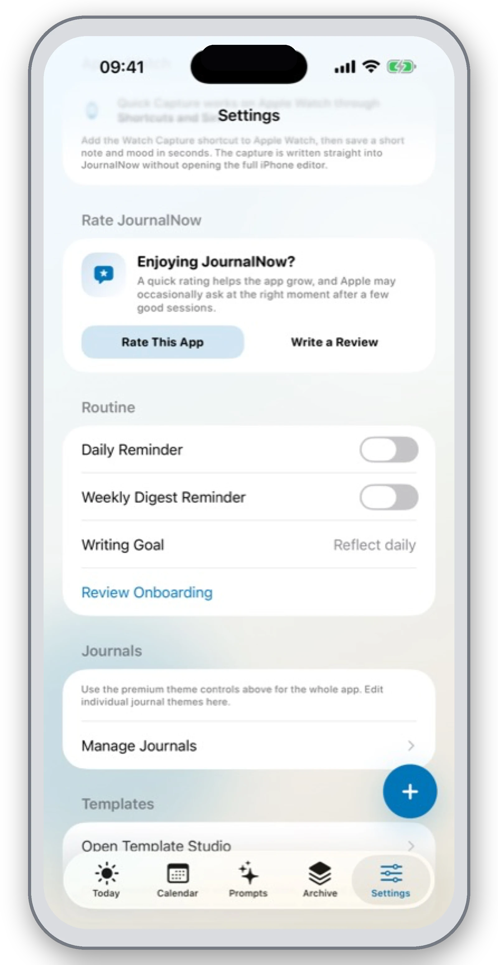 JournalNow settings on iPhone