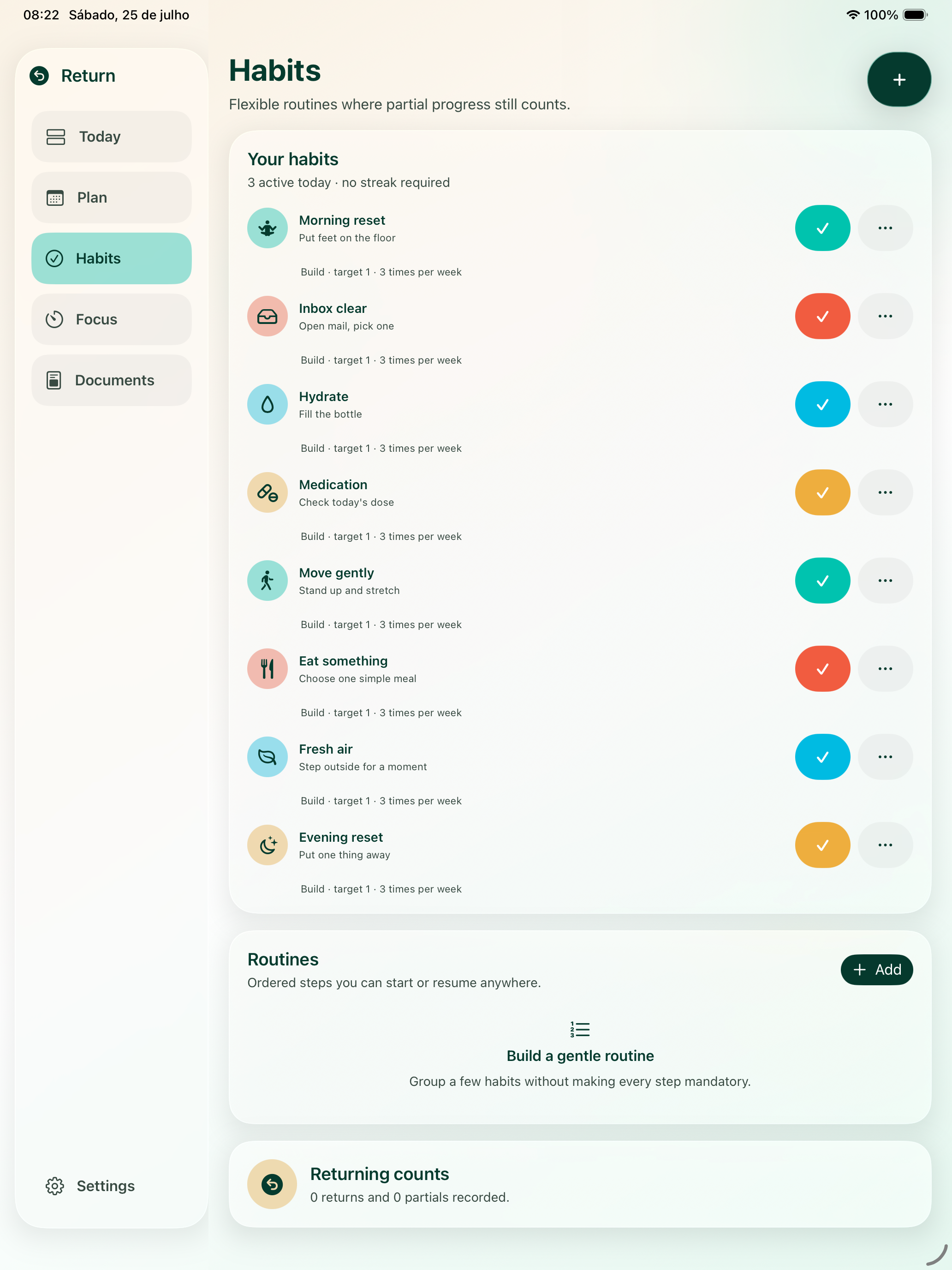 Return Today habits on iPad