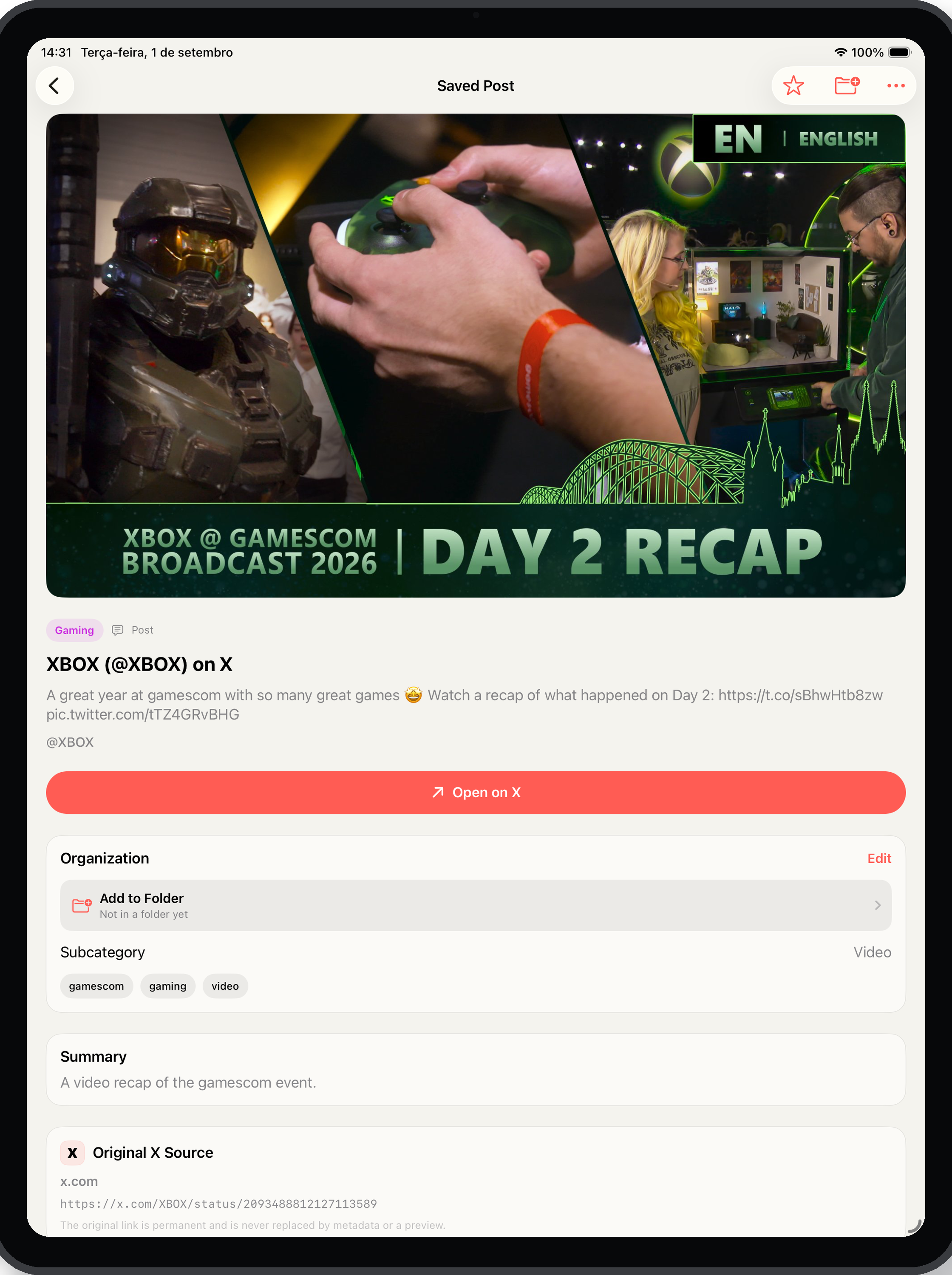 Savefold saved post details on iPad