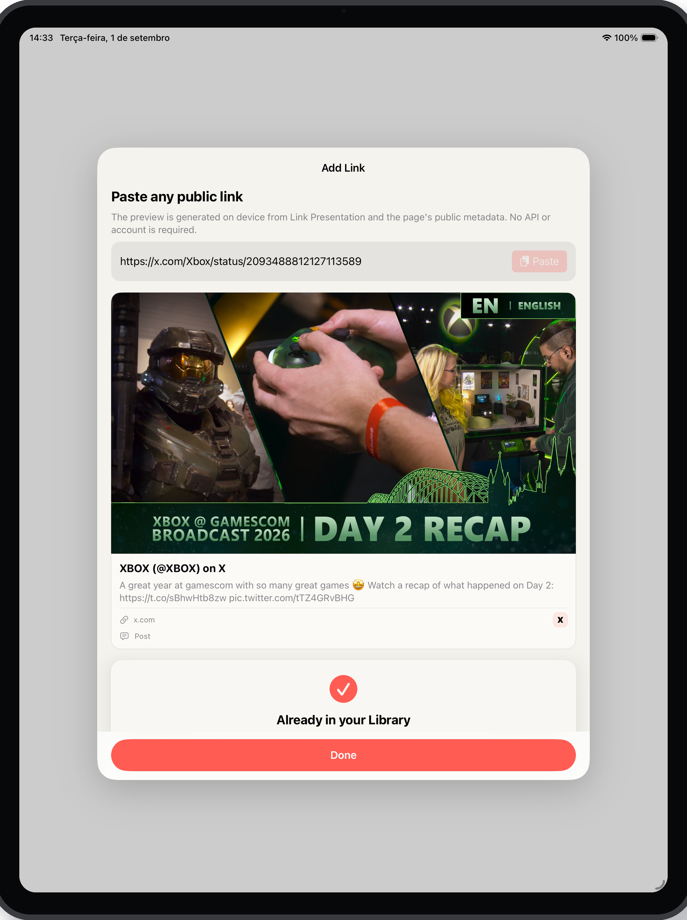 Savefold Add Link flow on iPad