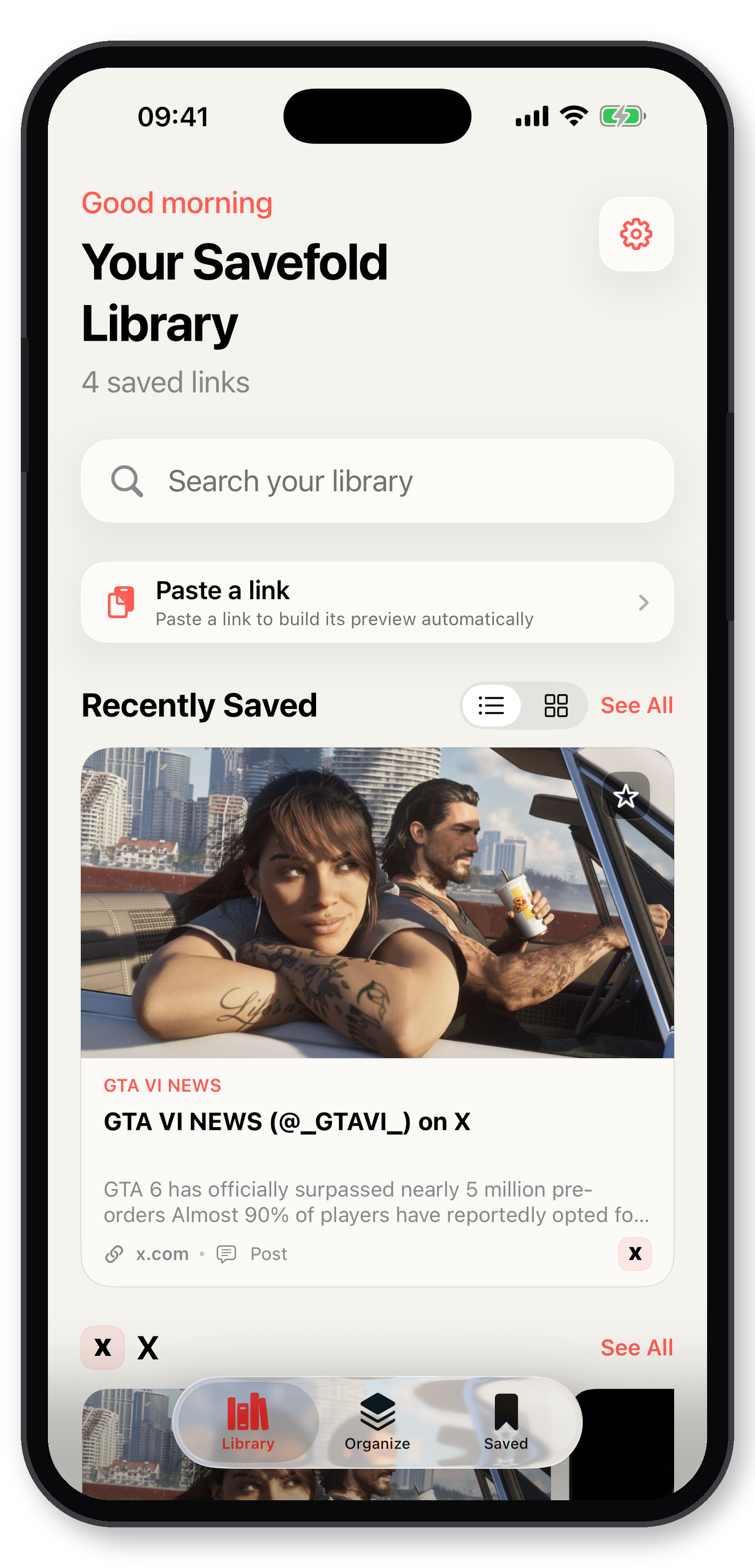 Savefold Library showing a saved link on iPhone