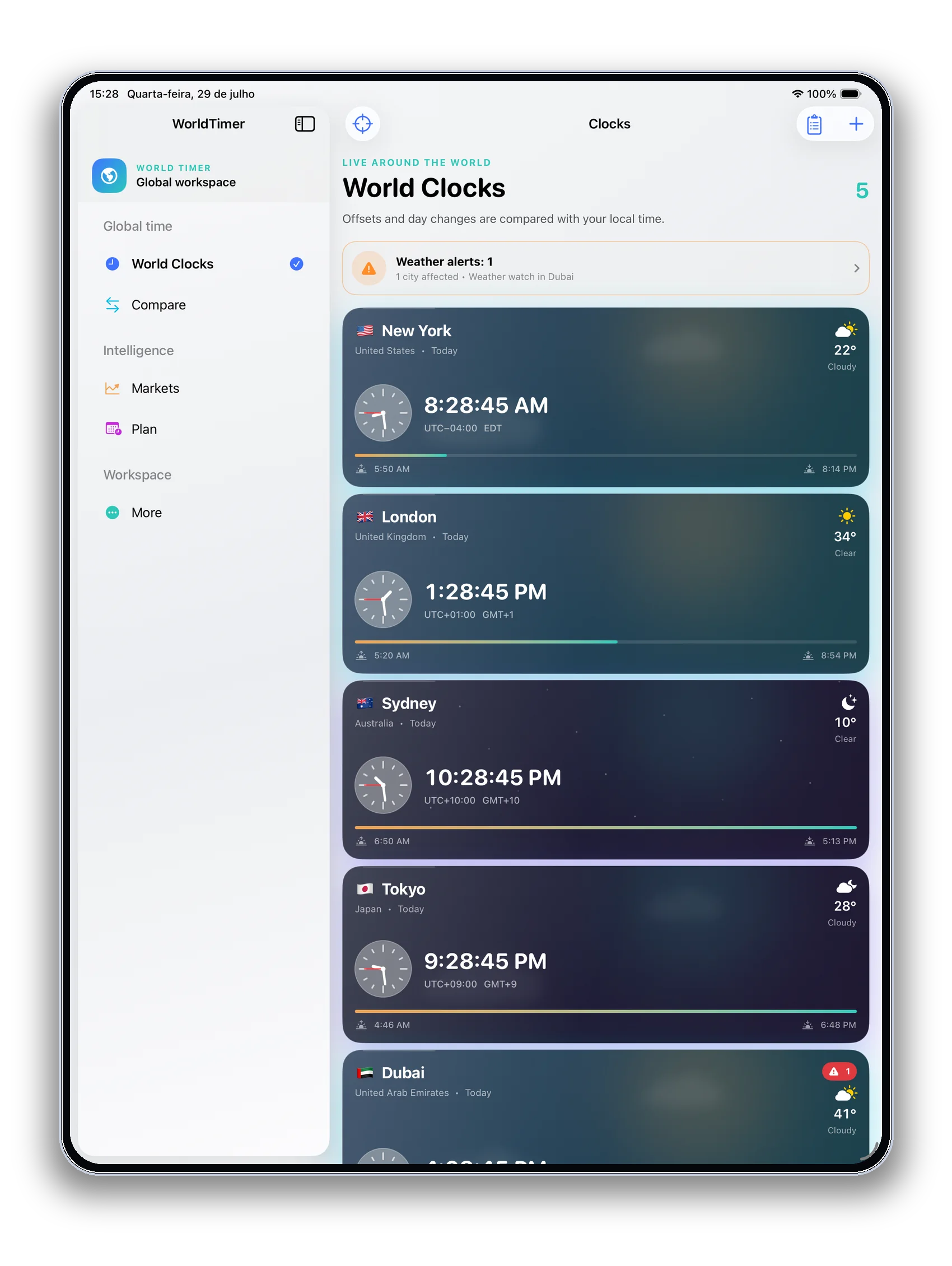 TimeZone Vanguard world clocks on iPad