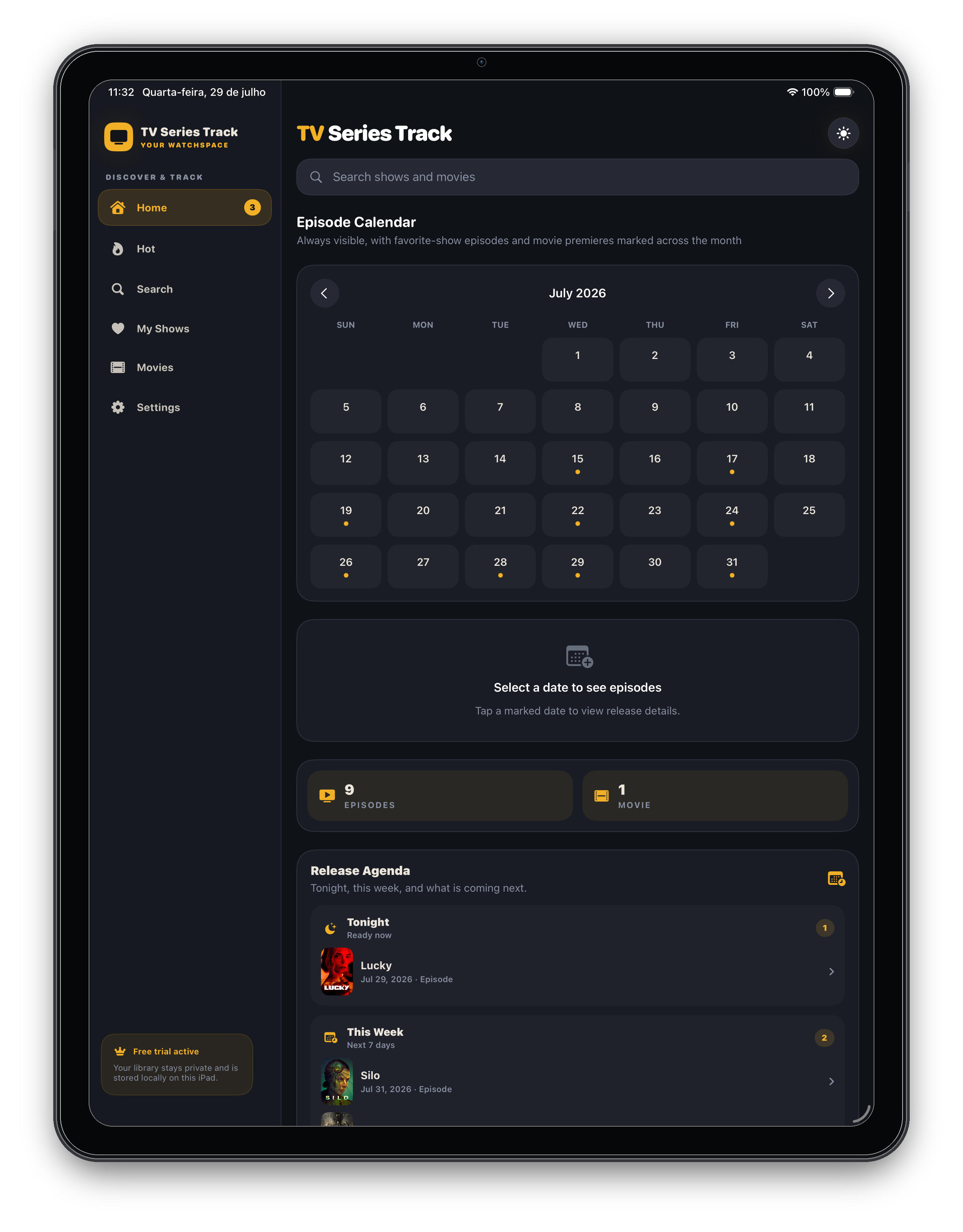 TV Series Track episode calendar on iPad