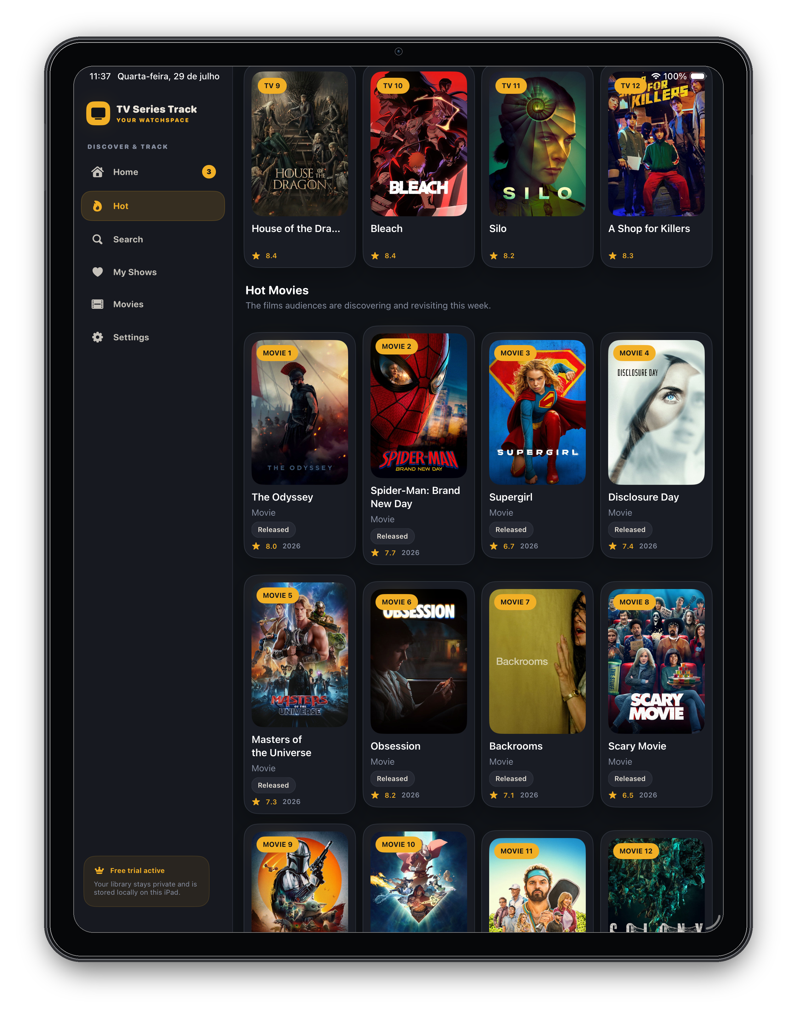 Hot Movies collection in TV Series Track on iPad